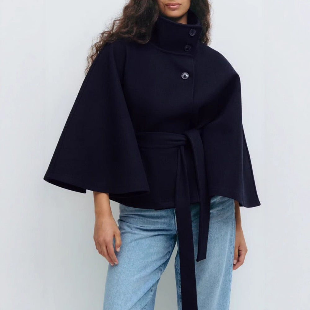 Women's Belted Cape Coat with High Button Collar