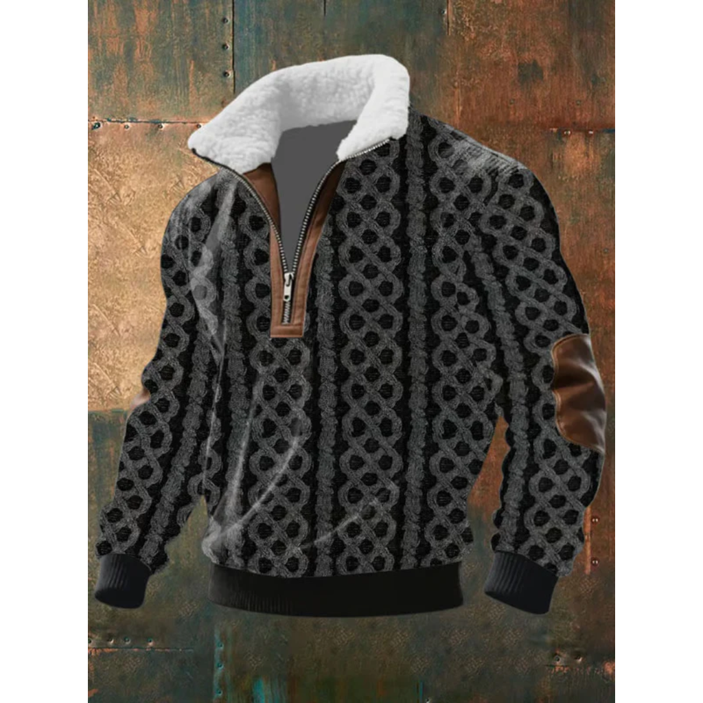 Men's Sherpa Collar Quarter-Zip Knit Sweater with Elbow Patches