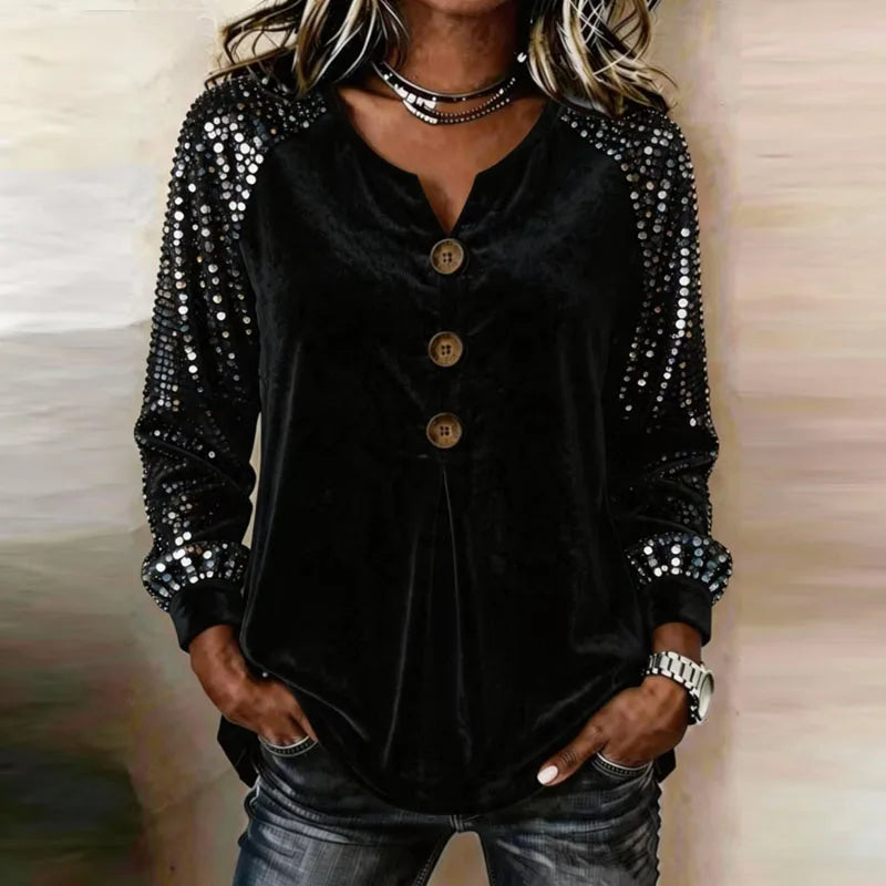 Women's Sequin Sleeve Button-Front Velvet Top
