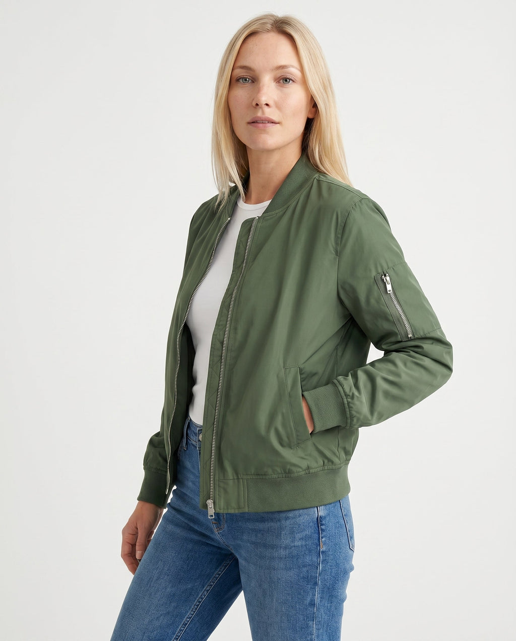 Women's Classic Zip-Up Bomber Jacket with Sleeve Pocket
