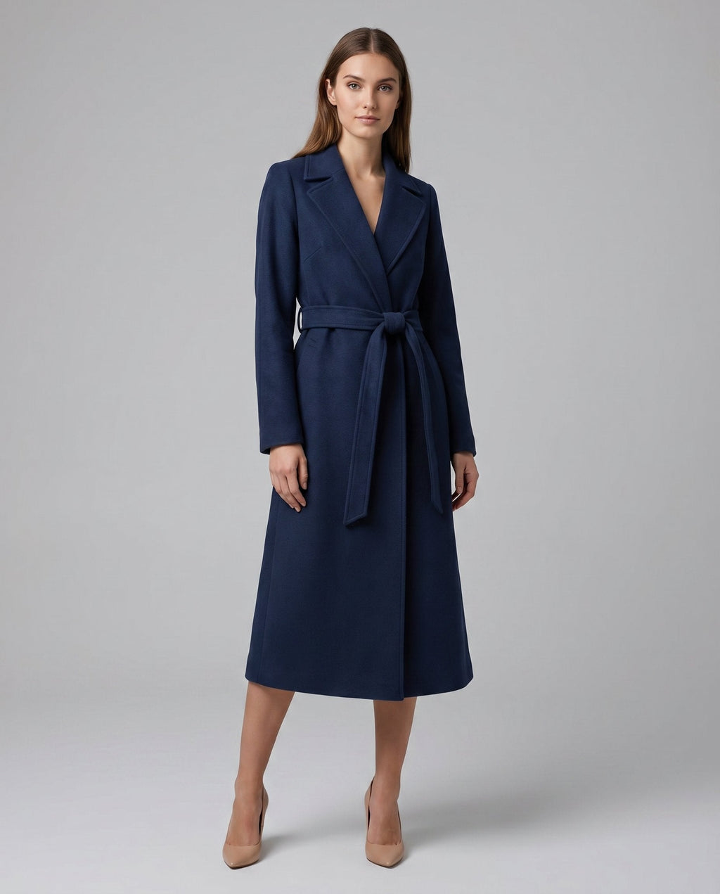 Women's Belted Notch Collar Longline Wrap Coat