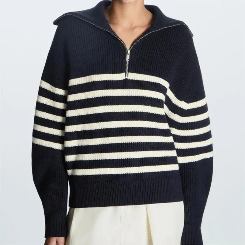 Women's Striped Quarter-Zip Knit Sweater