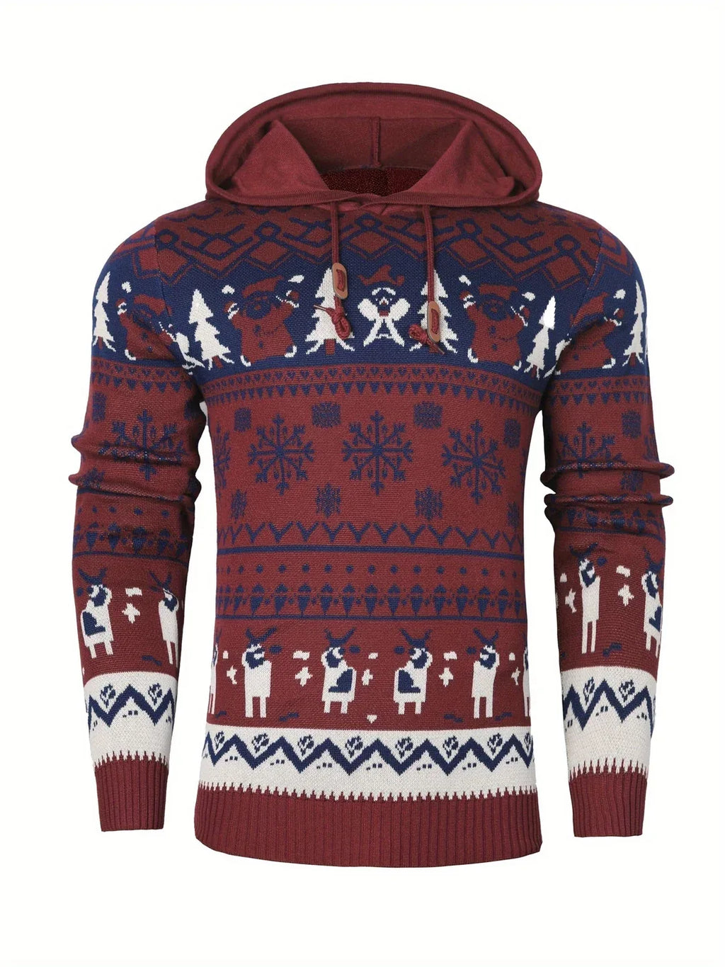 Men’s Reindeer Jacquard Knit Hooded Christmas Sweater