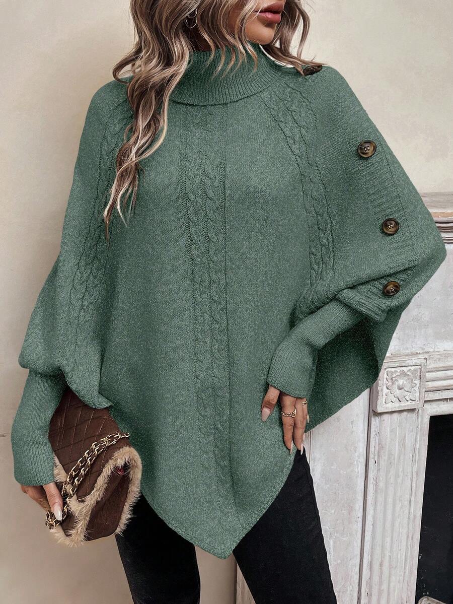 Women's Cable Knit Turtleneck Poncho Sweater