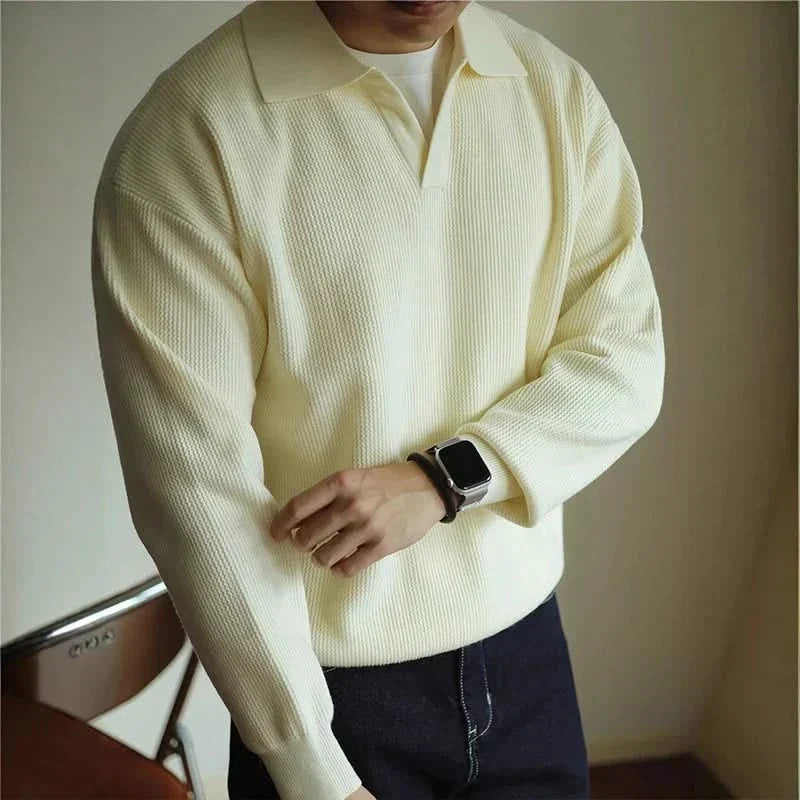 Men's Textured Knit Open Collar Long Sleeve Polo