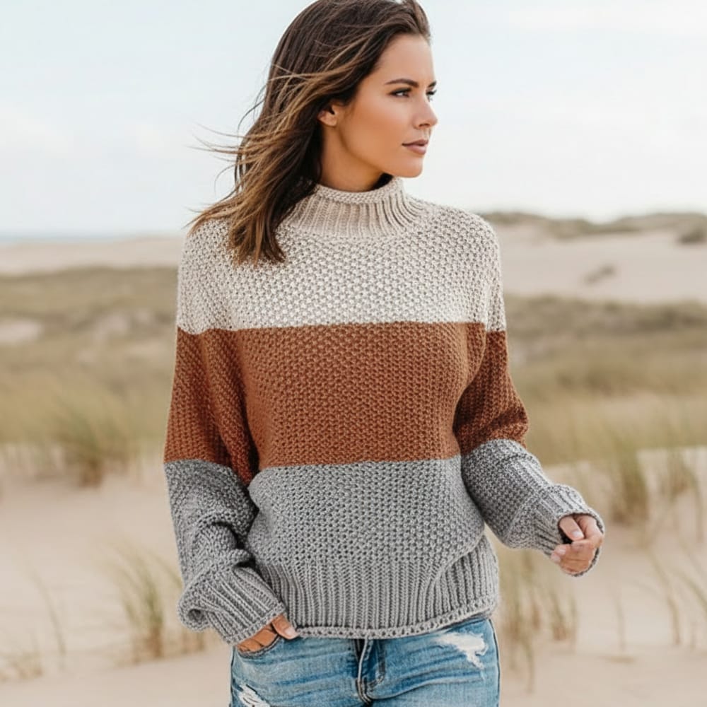 Women’s Colour Block Textured Knit Mock Neck Sweater