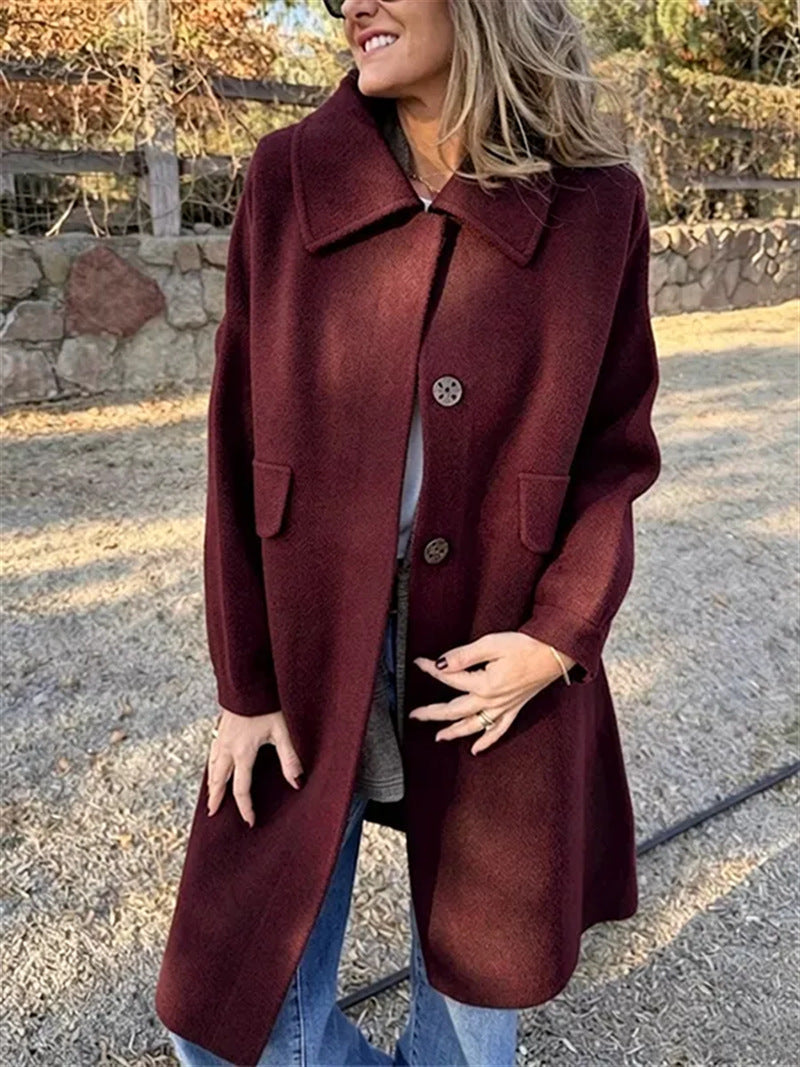 Women's Relaxed Single-Breasted Longline Coat with Wide Collar