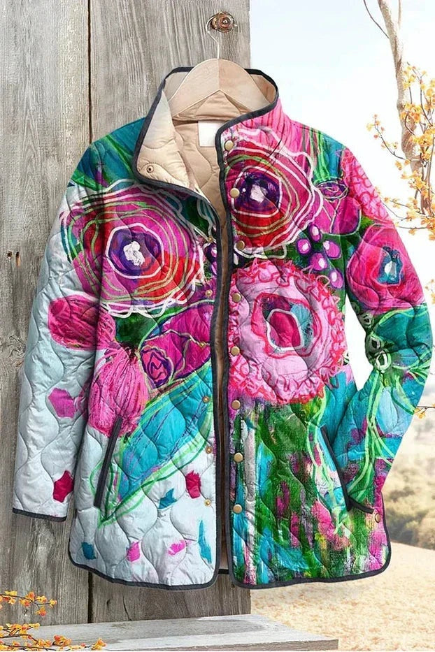 Women's Floral Patchwork Quilted Jacket with Stand Collar