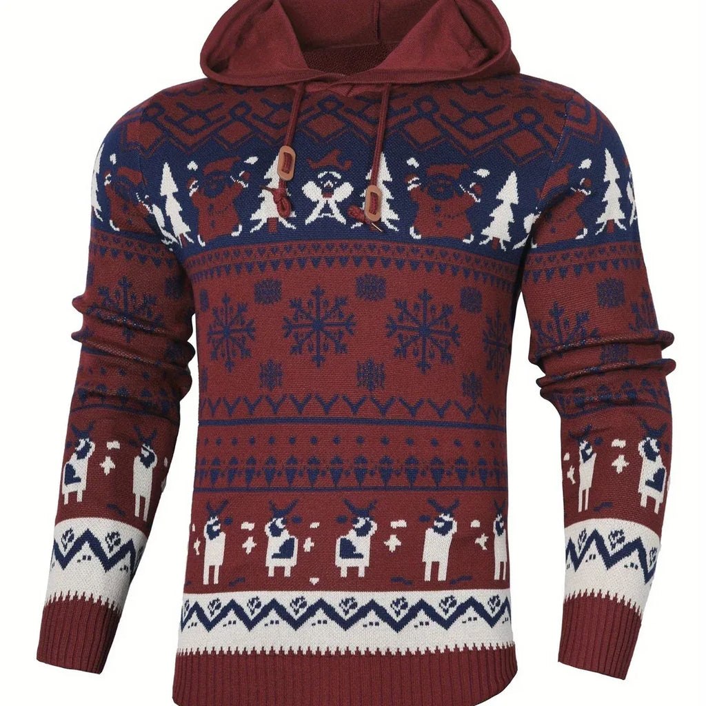 Men’s Reindeer Jacquard Knit Hooded Christmas Sweater