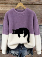 Women’s Colour Block Fluffy Knit Sweater with Lounging Cat Design
