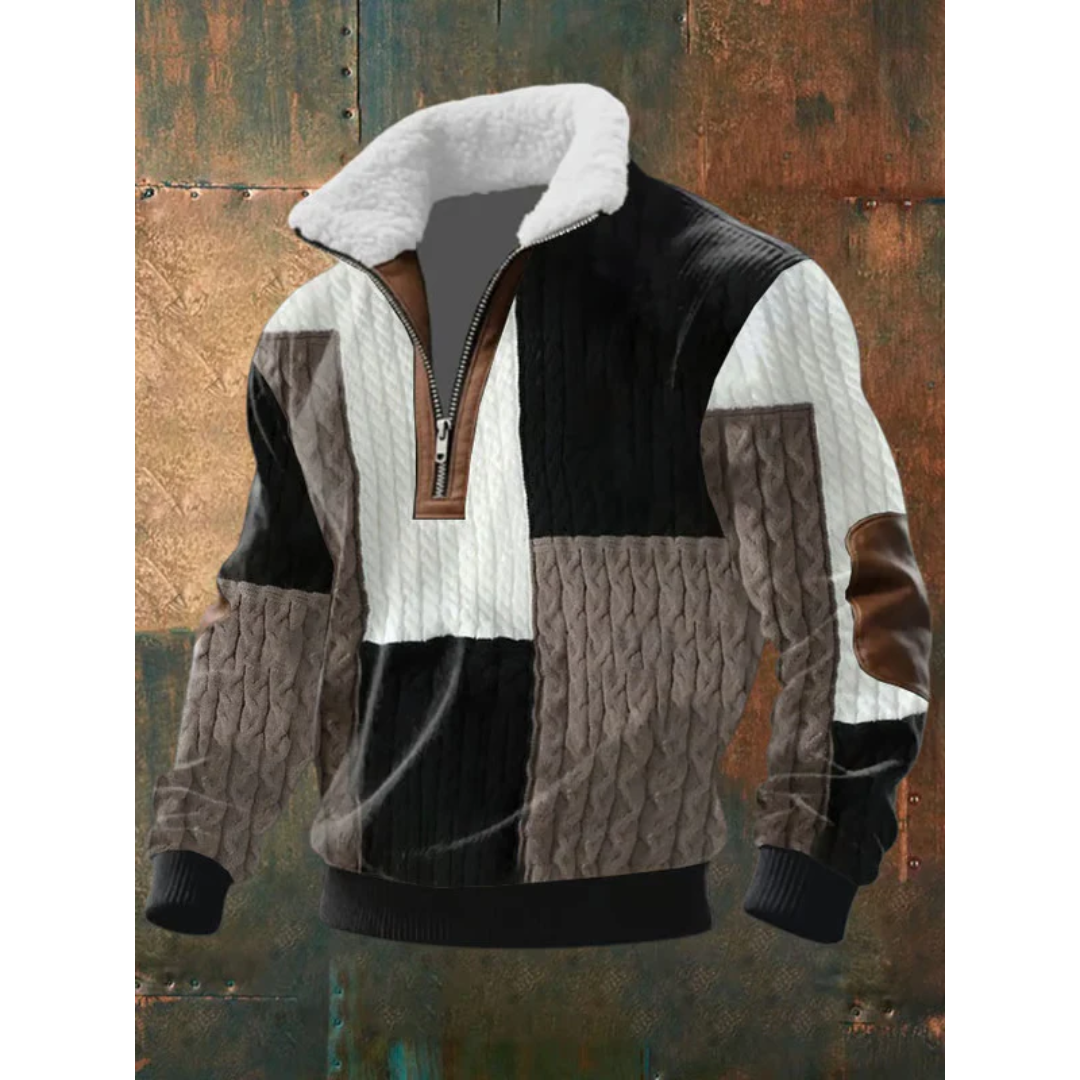 Men's Sherpa Collar Quarter-Zip Knit Sweater with Elbow Patches