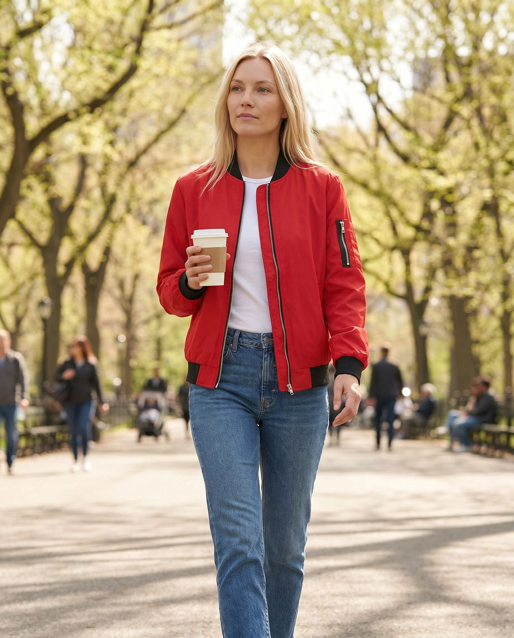 Women's Classic Zip-Up Bomber Jacket with Sleeve Pocket