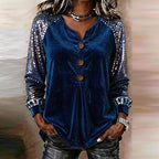 Women's Sequin Sleeve Button-Front Velvet Top