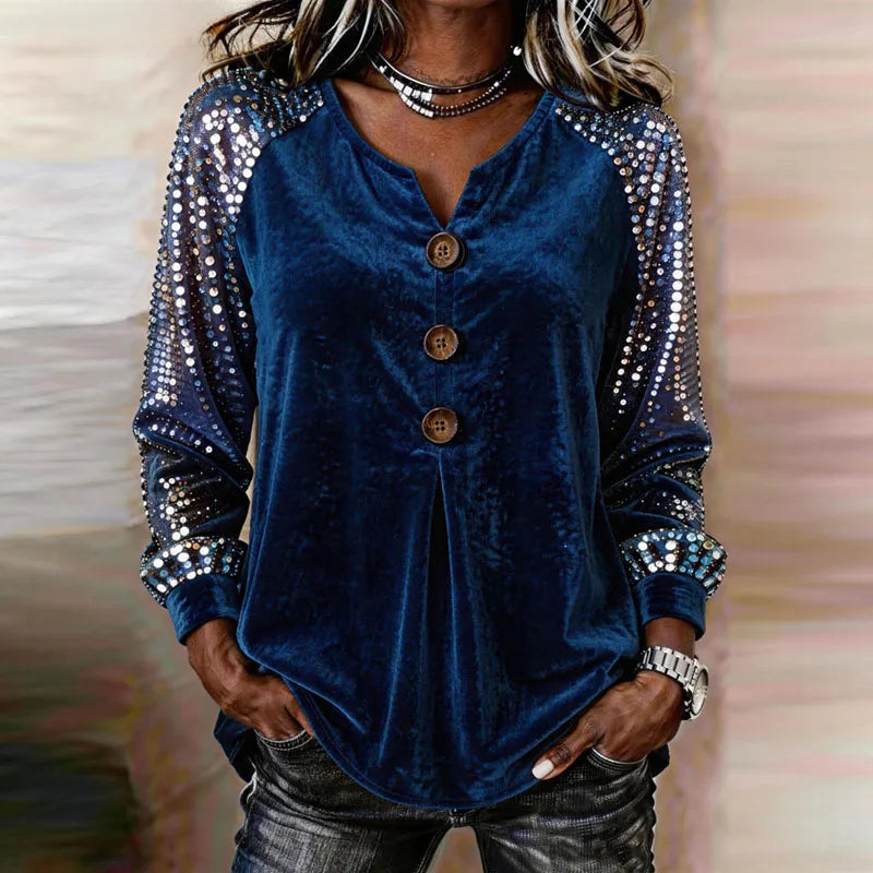 Women's Sequin Sleeve Button-Front Velvet Top
