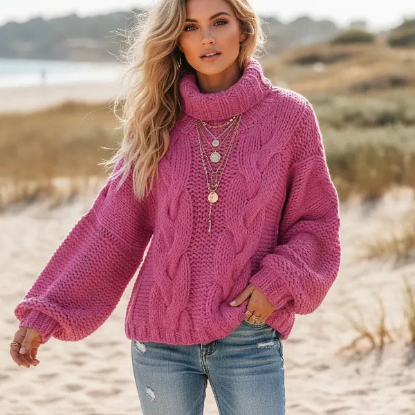 Women’s Chunky Cable Knit Cropped Turtleneck Sweater