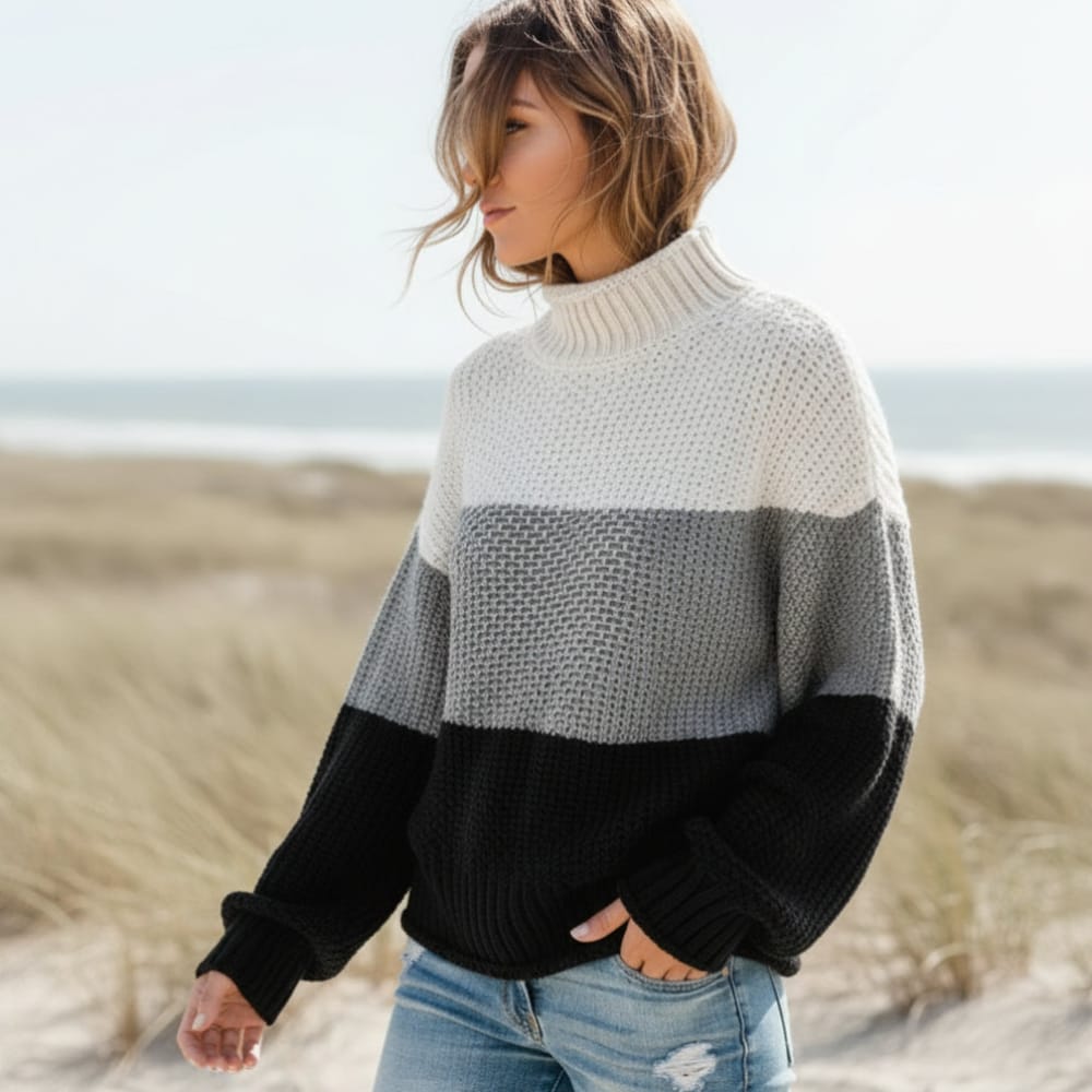 Women’s Colour Block Textured Knit Mock Neck Sweater