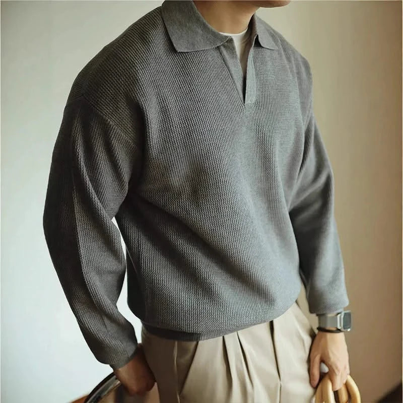 Men's Textured Knit Open Collar Long Sleeve Polo