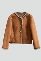 Women's Shearling Trim Collarless Button Jacket