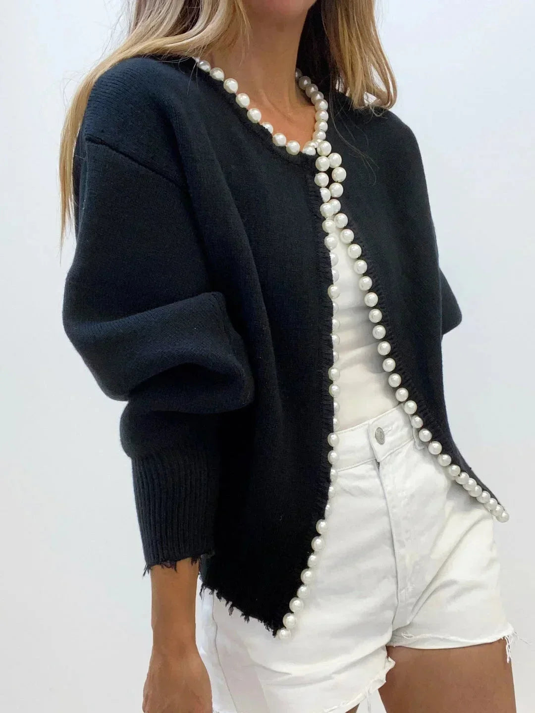 Women's Pearl Trim Open-Front Knit Cardigan