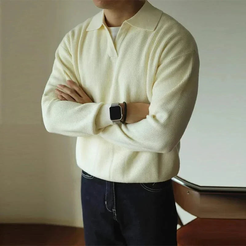 Men's Textured Knit Open Collar Long Sleeve Polo