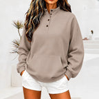 Women's Oversized Button Stand Collar Sweatshirt with Pocket