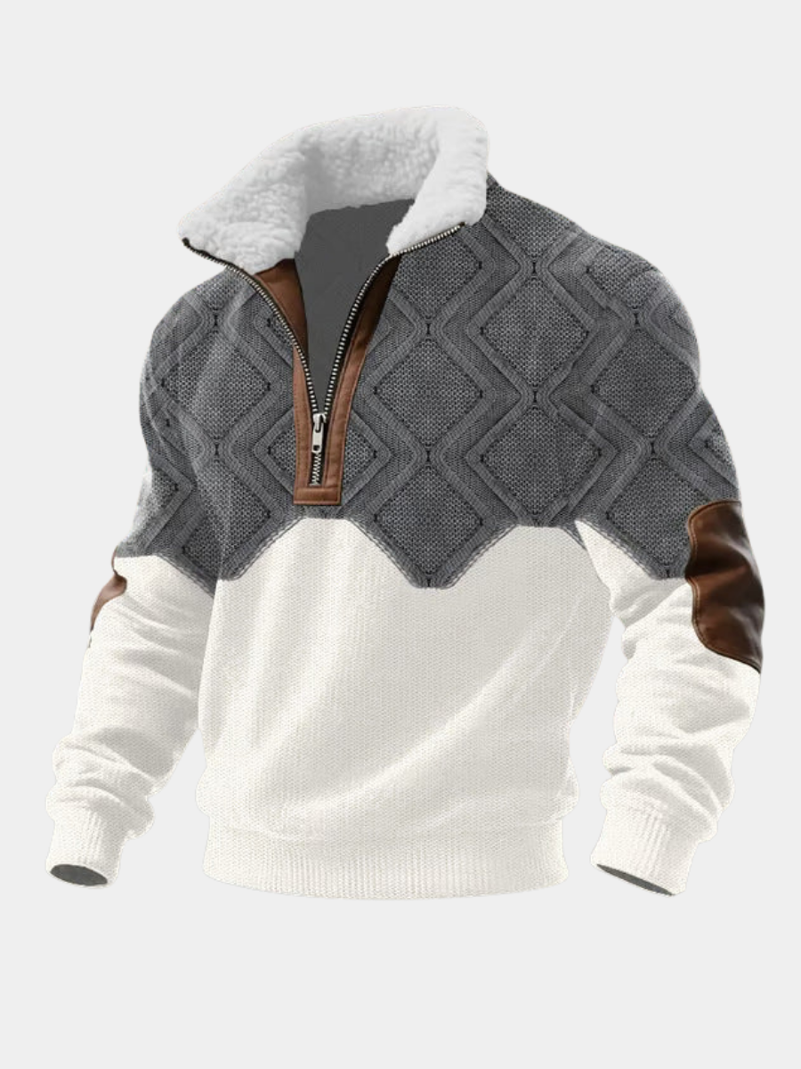 Men's Sherpa Collar Quarter-Zip Knit Sweater with Elbow Patches