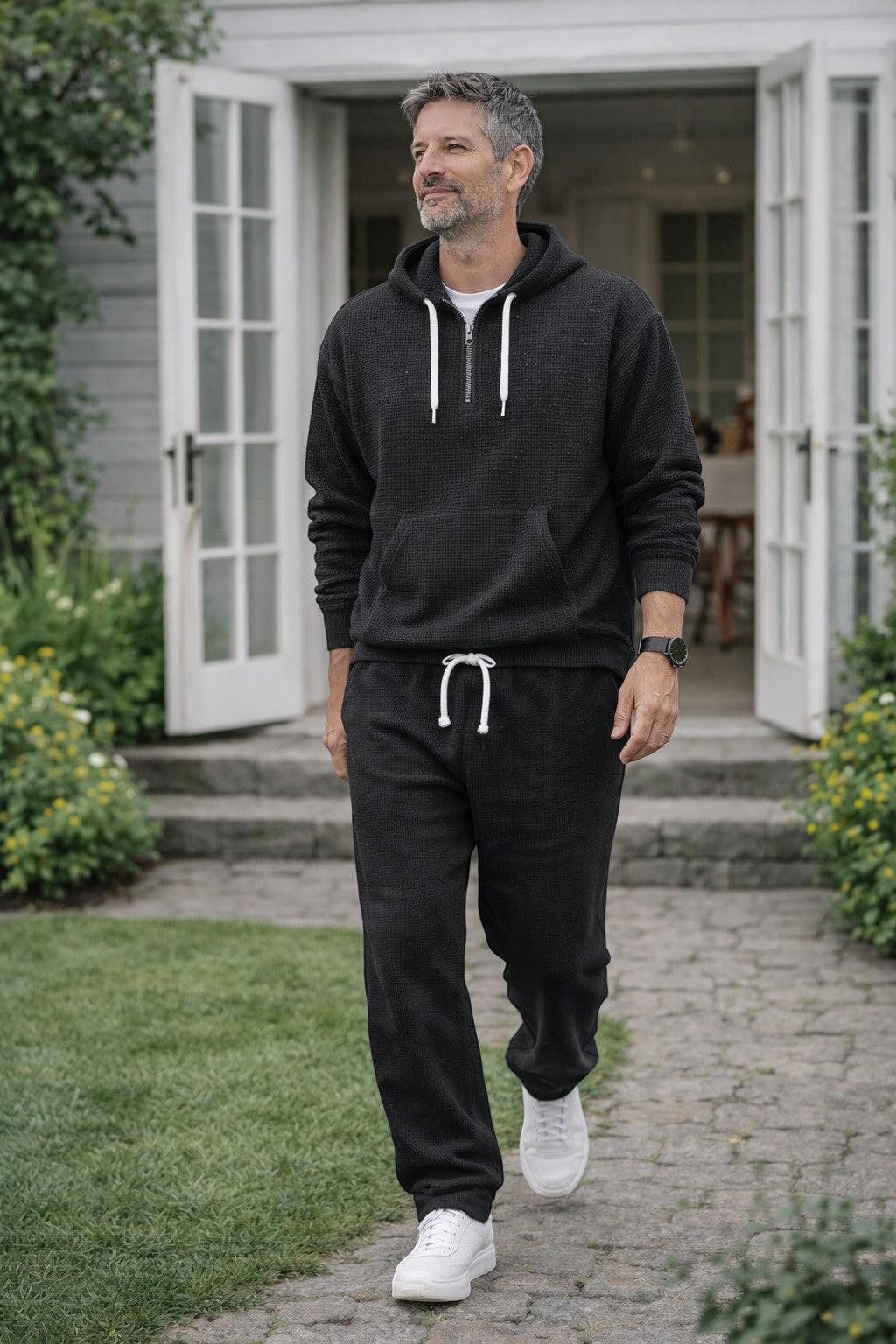 Men's Waffle Knit Quarter-Zip Hoodie Set