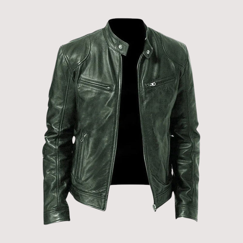 Men's Faux Leather Café Racer Jacket with Zip Pockets