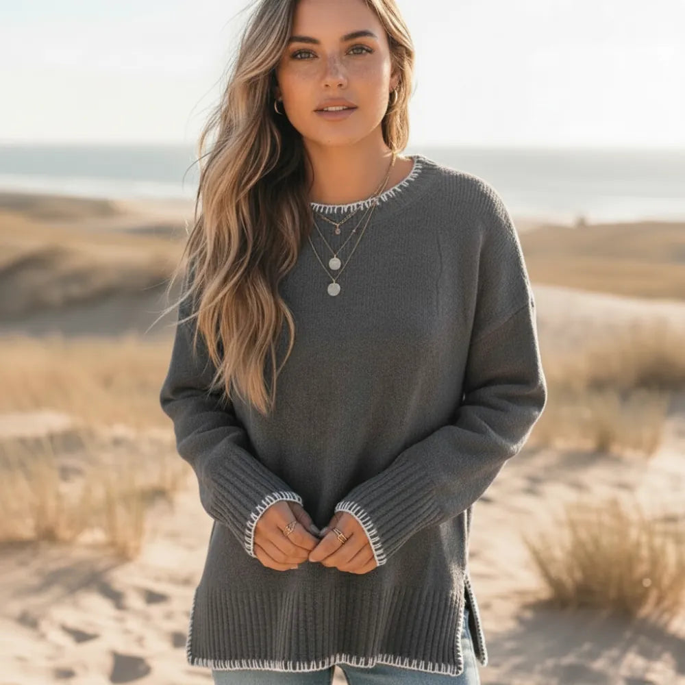 Women’s Oversized Knit Sweater with Contrast Blanket Stitch Trim