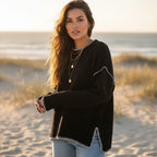 Women’s Oversized Knit Sweater with Contrast Blanket Stitch Trim