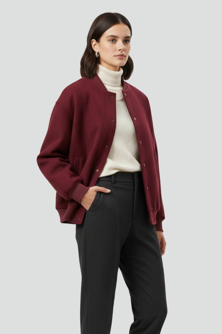Women's Ribbed Collar Button-Front Varsity Jacket