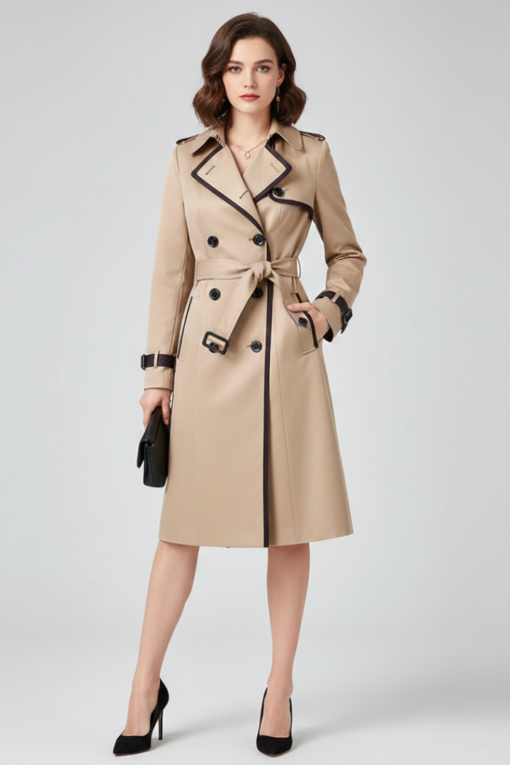 Women's Double-Breasted Belted Trench Coat with Contrast Trim