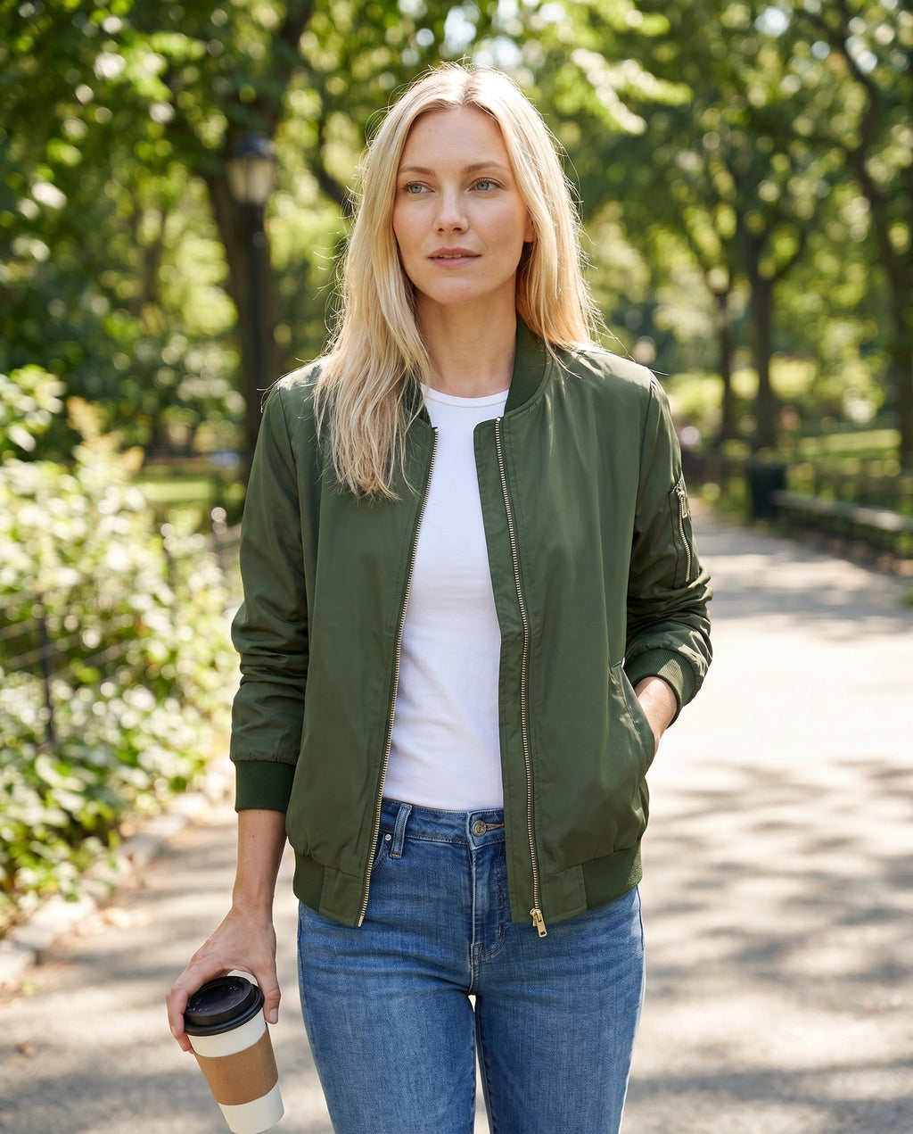 Women's Classic Zip-Up Bomber Jacket with Sleeve Pocket