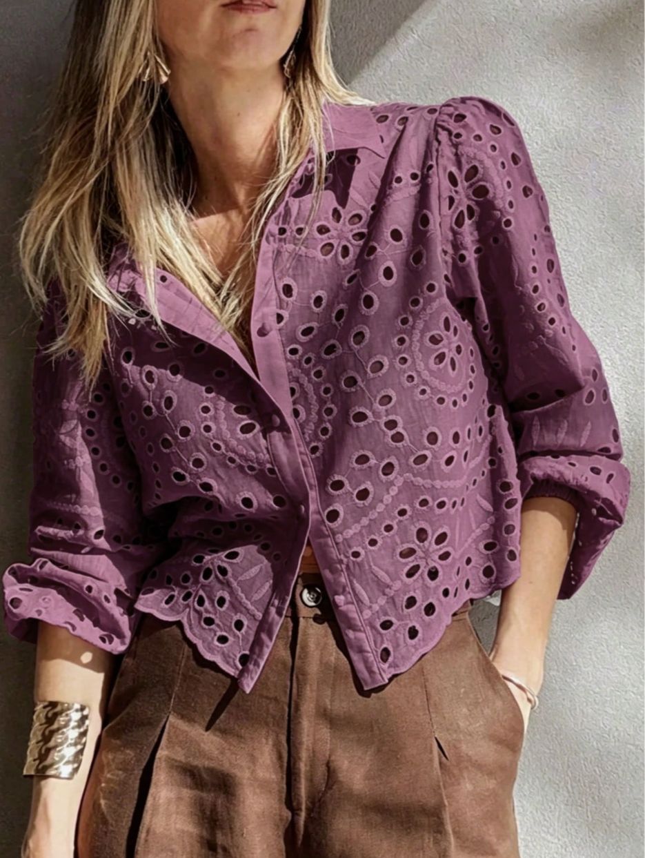 Women's Eyelet Embroidered Balloon Sleeve Button-Up Blouse