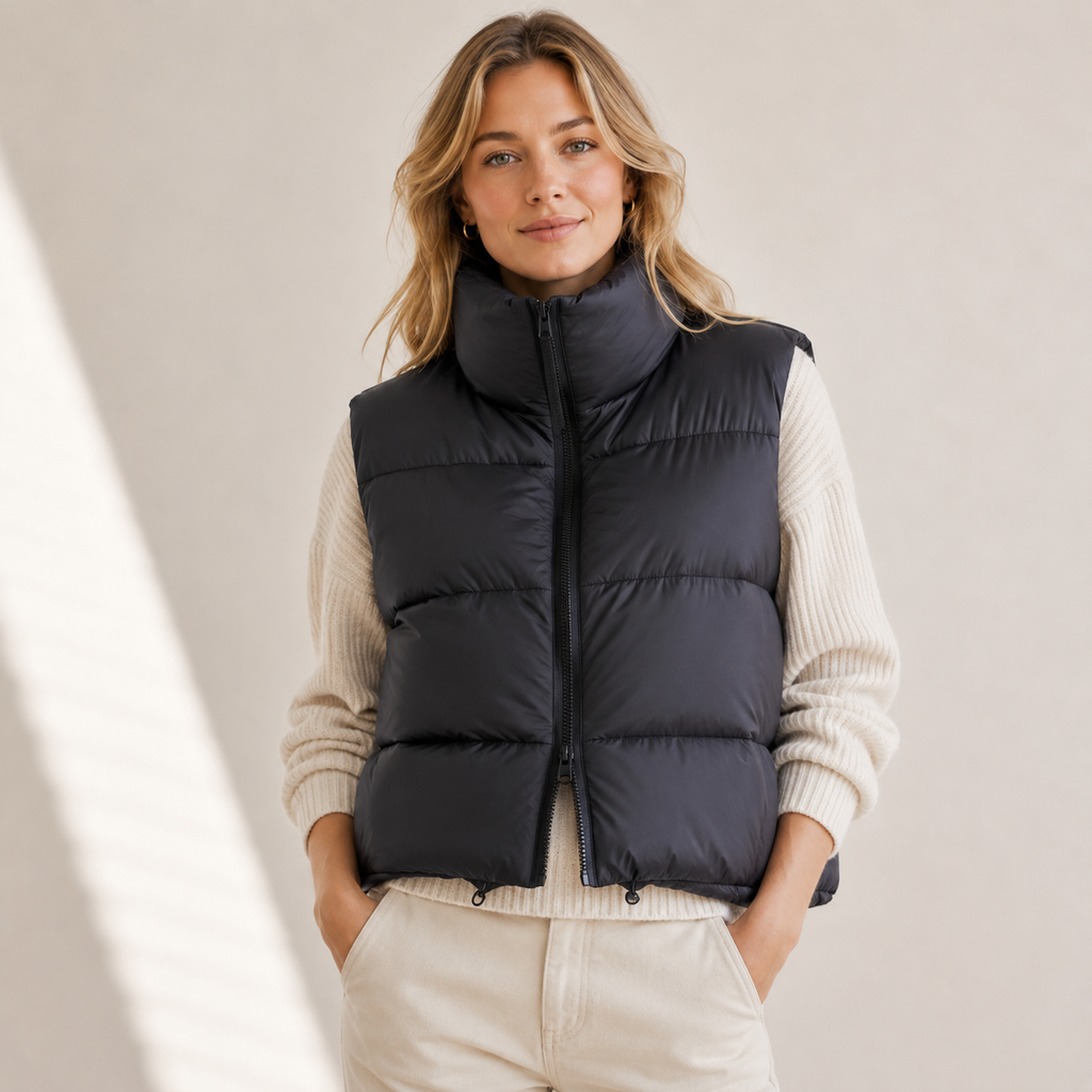 Women's Cropped Puffer Gilet with High Stand Collar