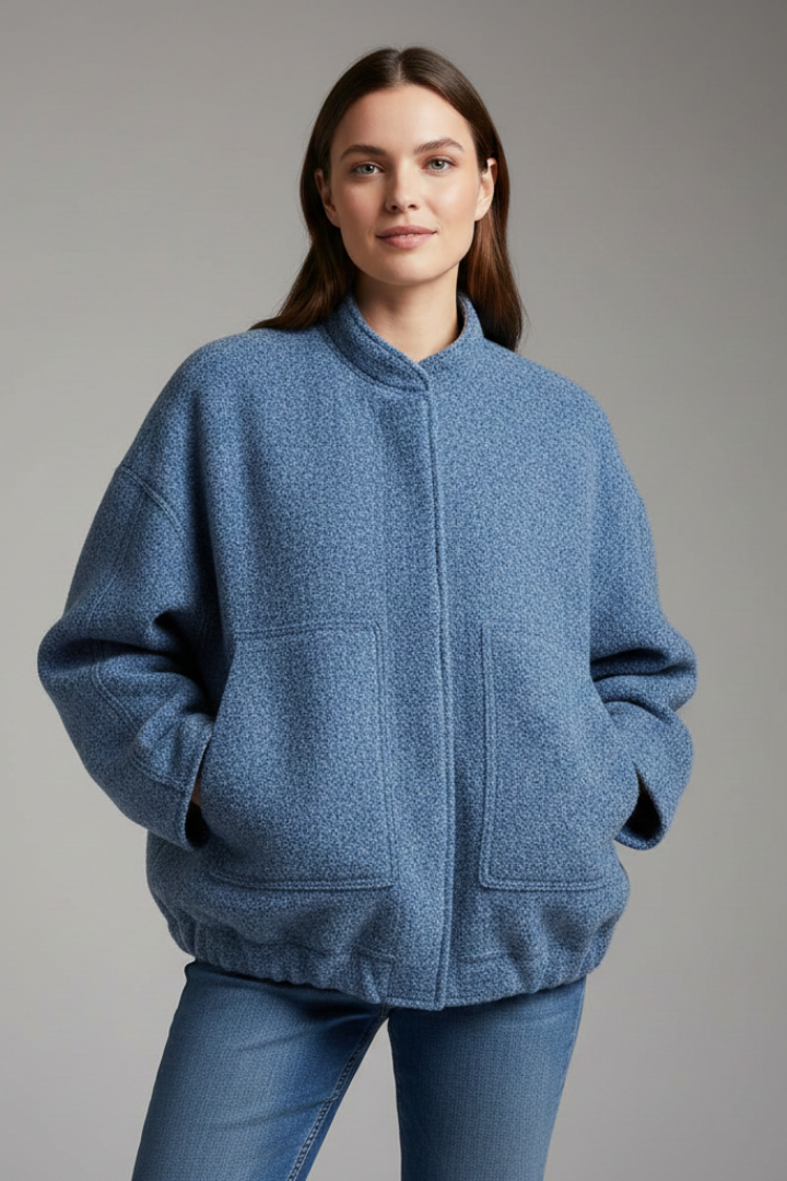 Women's Oversized Textured Bomber Jacket with Stand Collar