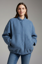 Women's Oversized Textured Bomber Jacket with Stand Collar