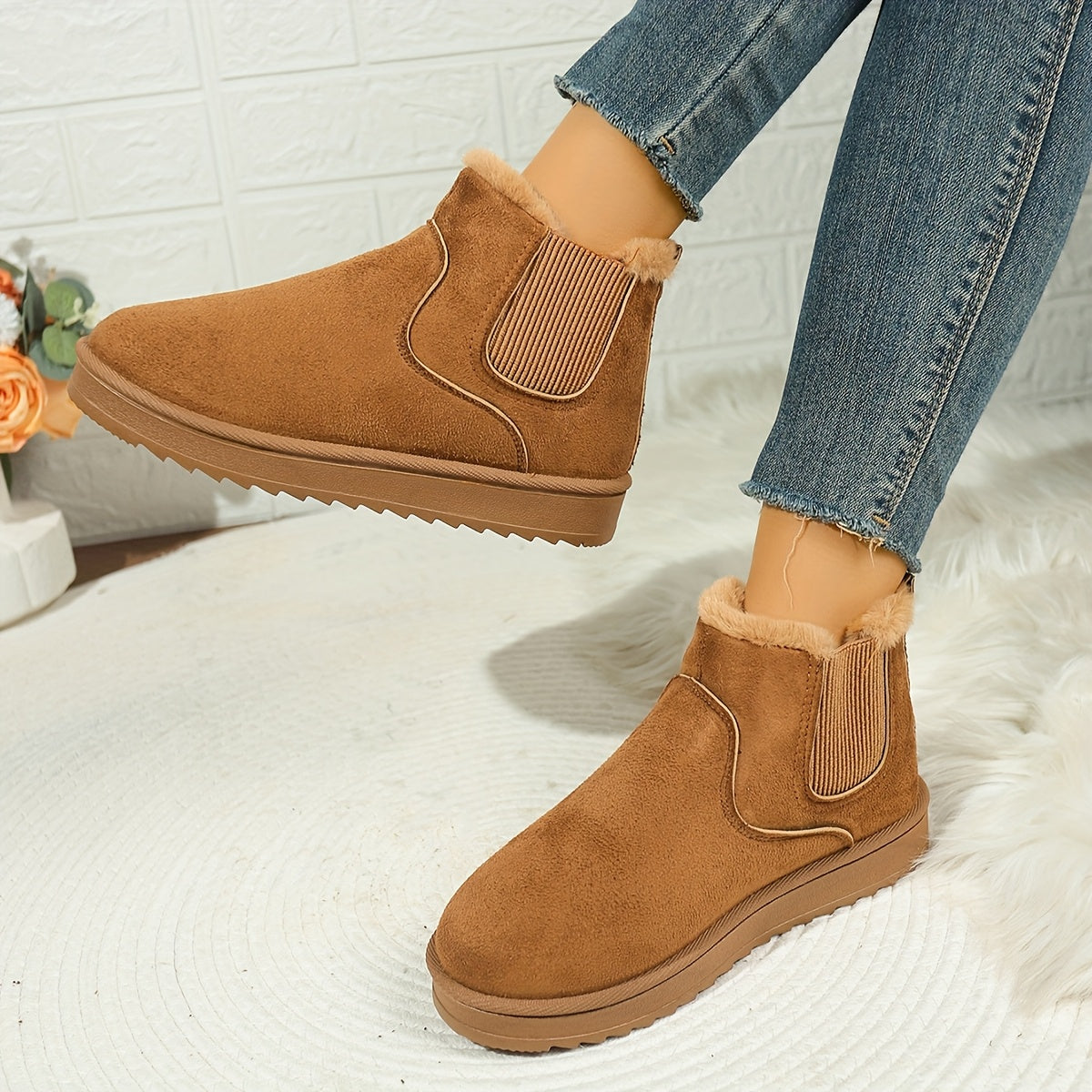 Women's Fur Trim Slip-On Chelsea Ankle Boots