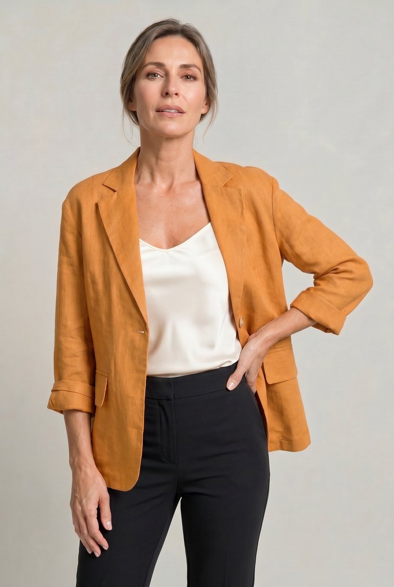 Women's Single Button Notch Collar Linen Blazer