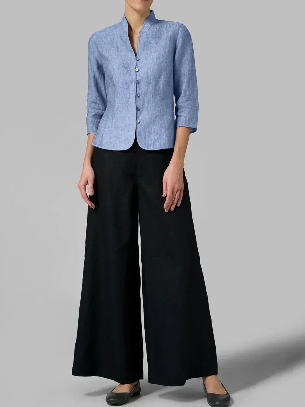 Women's Stand Collar V-Neck Button-Front Blouse