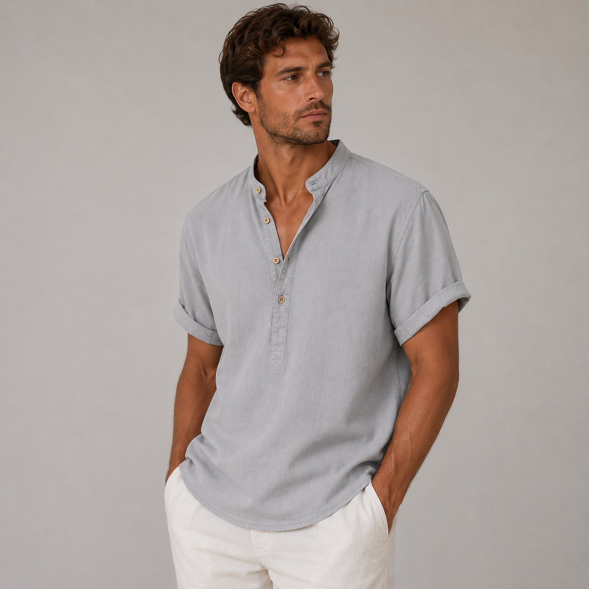 Men's Short Sleeve Band Collar Linen Shirt