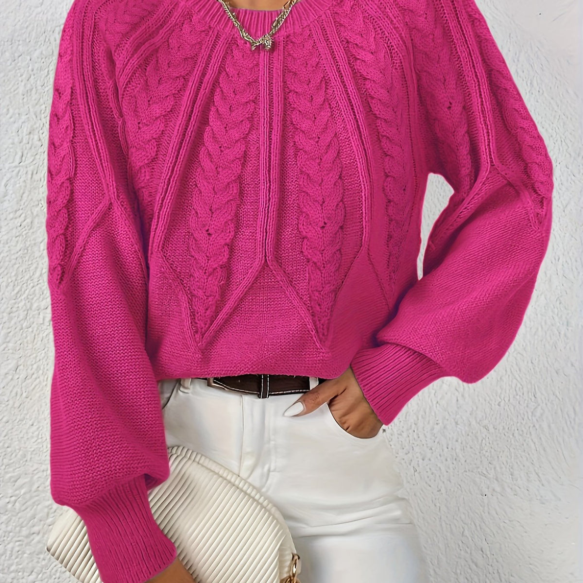Women’s Cable Knit Raglan Sleeve Crew Neck Sweater