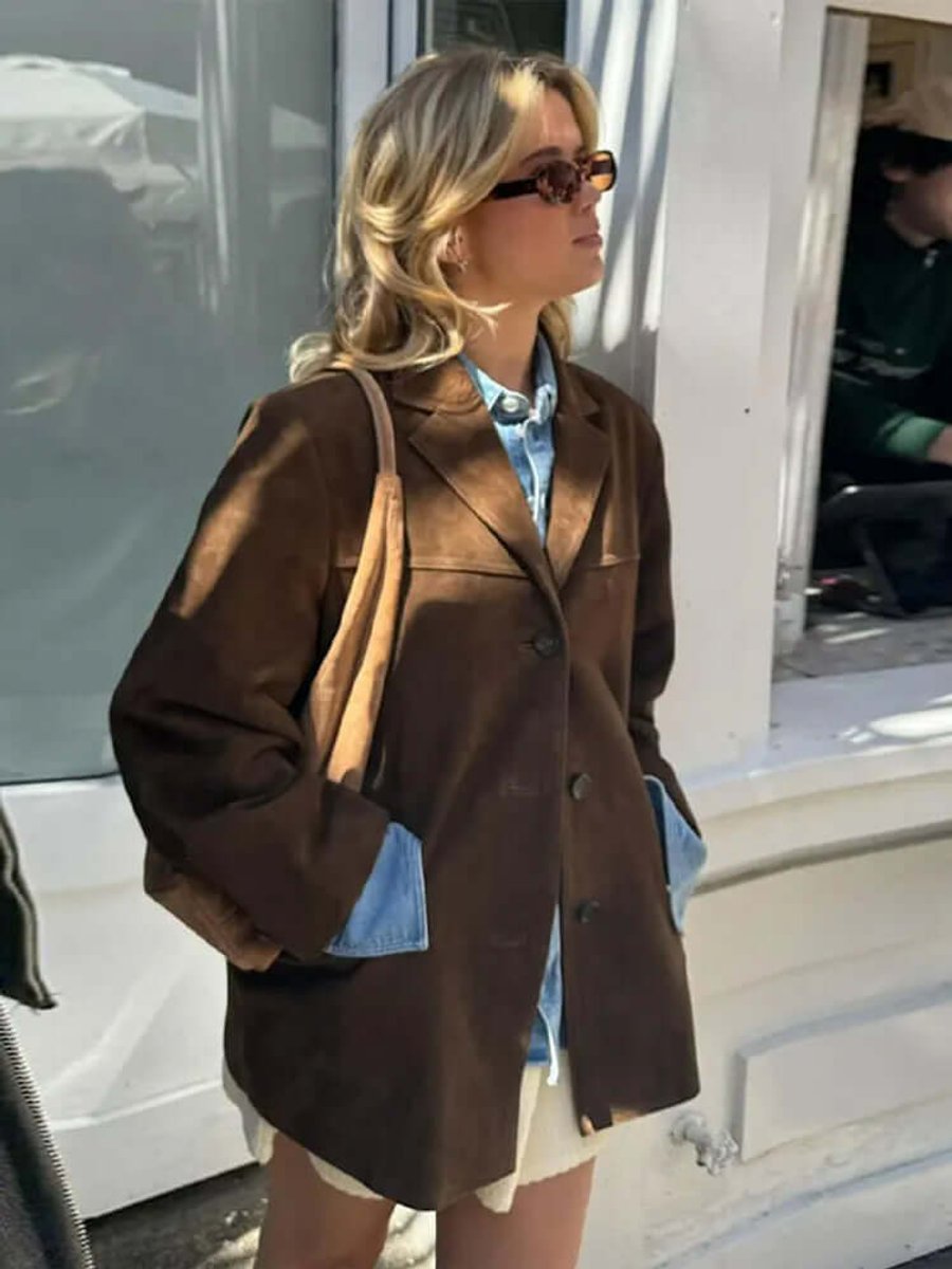 Women's Oversized Notch Collar Suede-Look Blazer