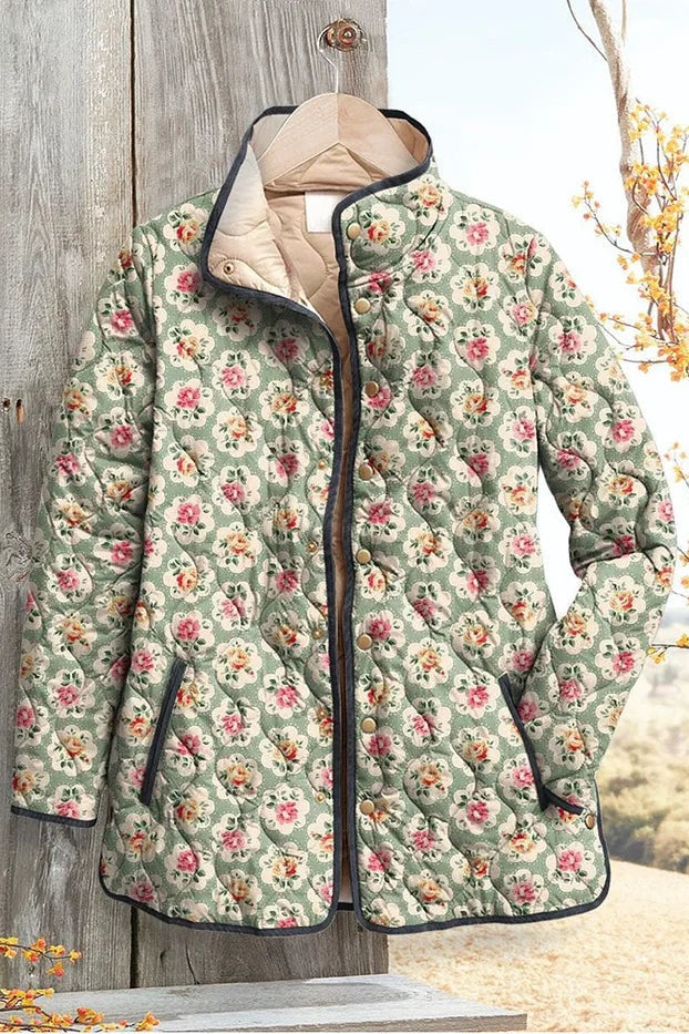 Women's Floral Patchwork Quilted Jacket with Stand Collar