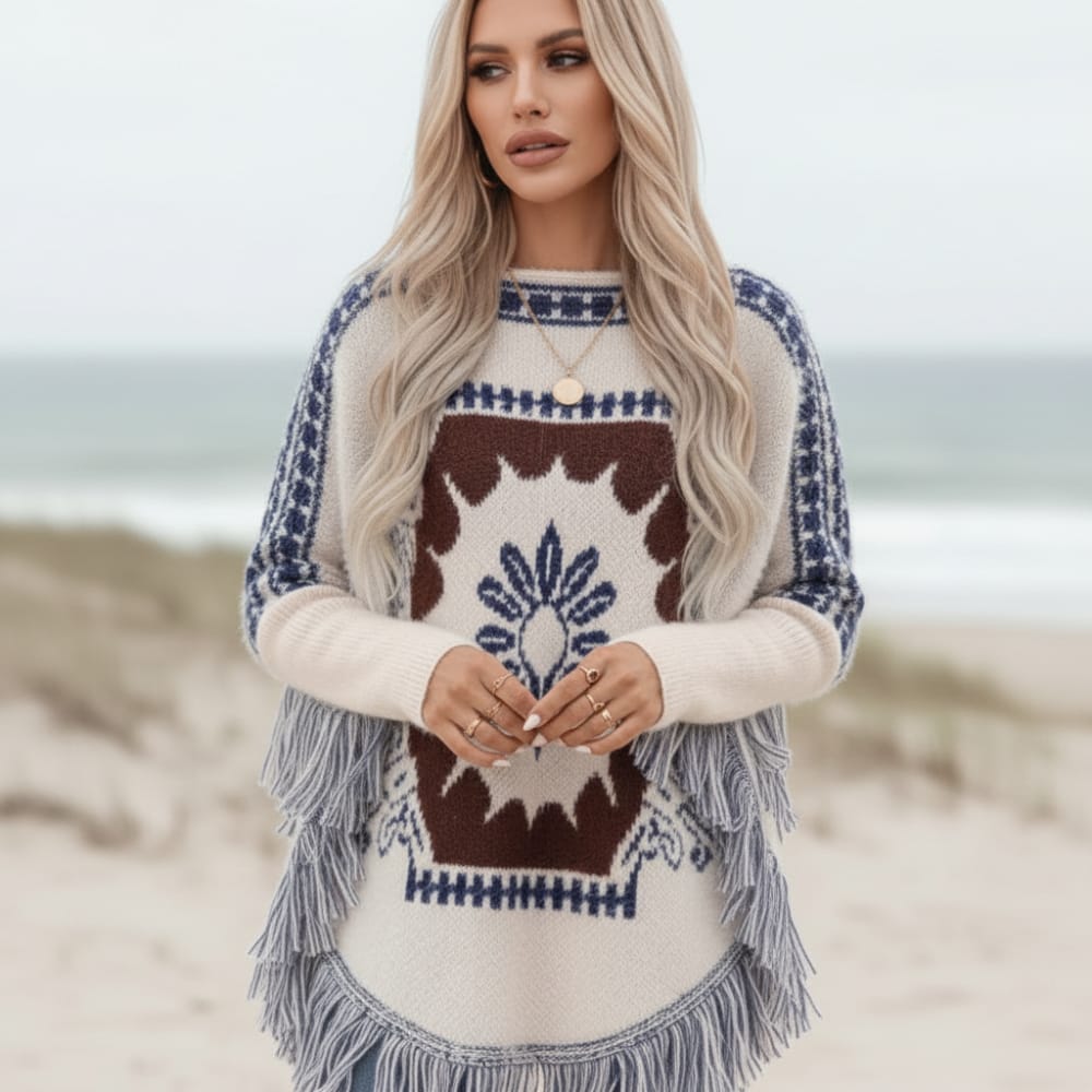 Women’s Boho Jacquard Knit Poncho Sweater with Fringe Trim