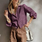 Women's Eyelet Embroidered Balloon Sleeve Button-Up Blouse