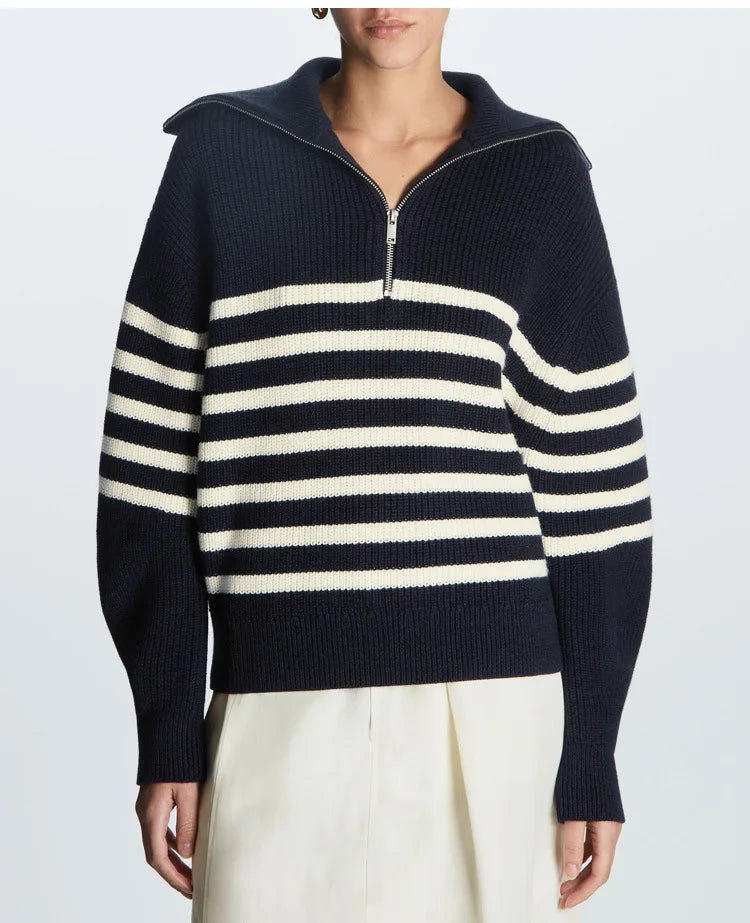 Women's Striped Quarter-Zip Knit Sweater