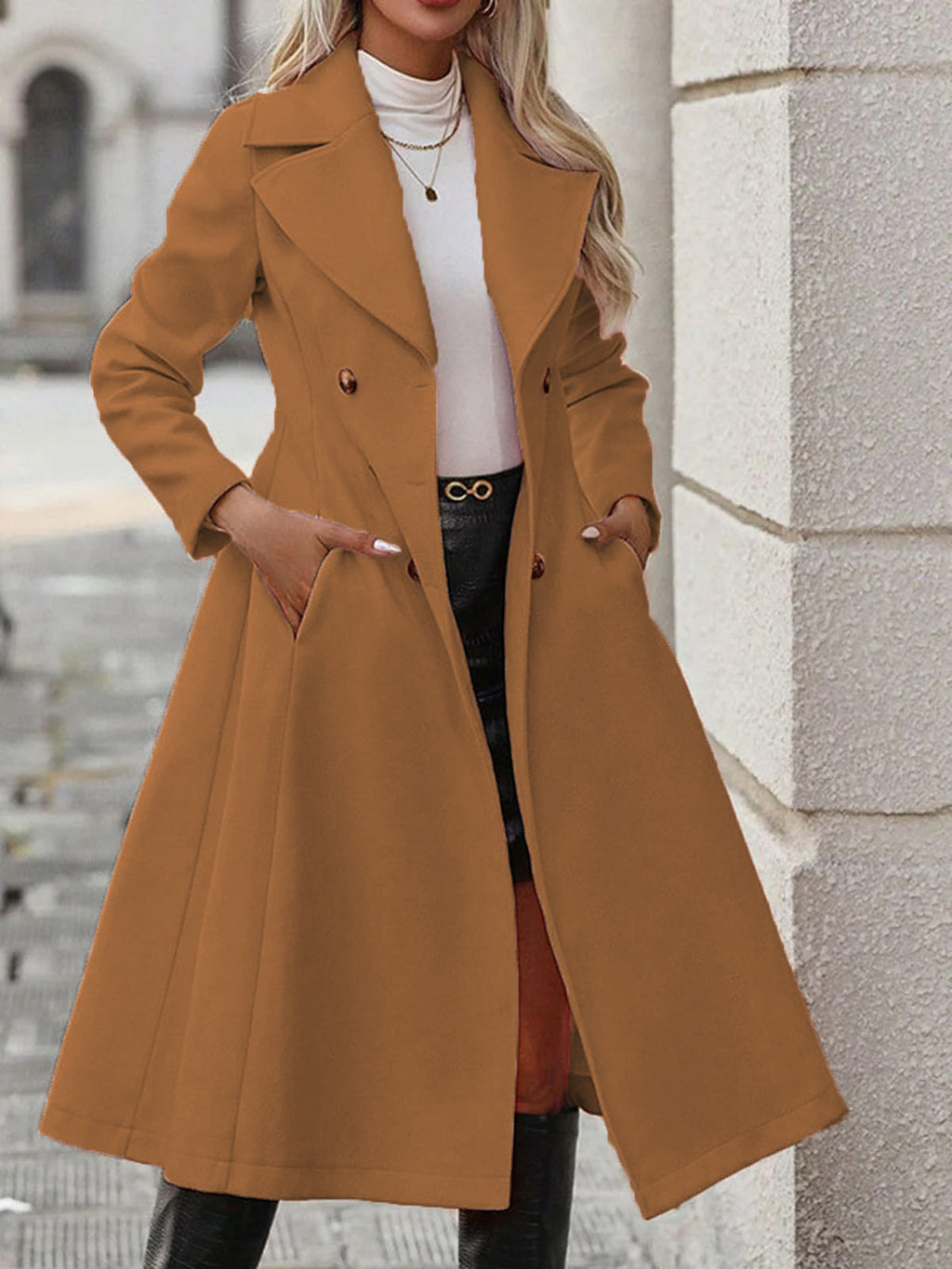Women's Tailored Double-Breasted Maxi Coat with Wide Lapels