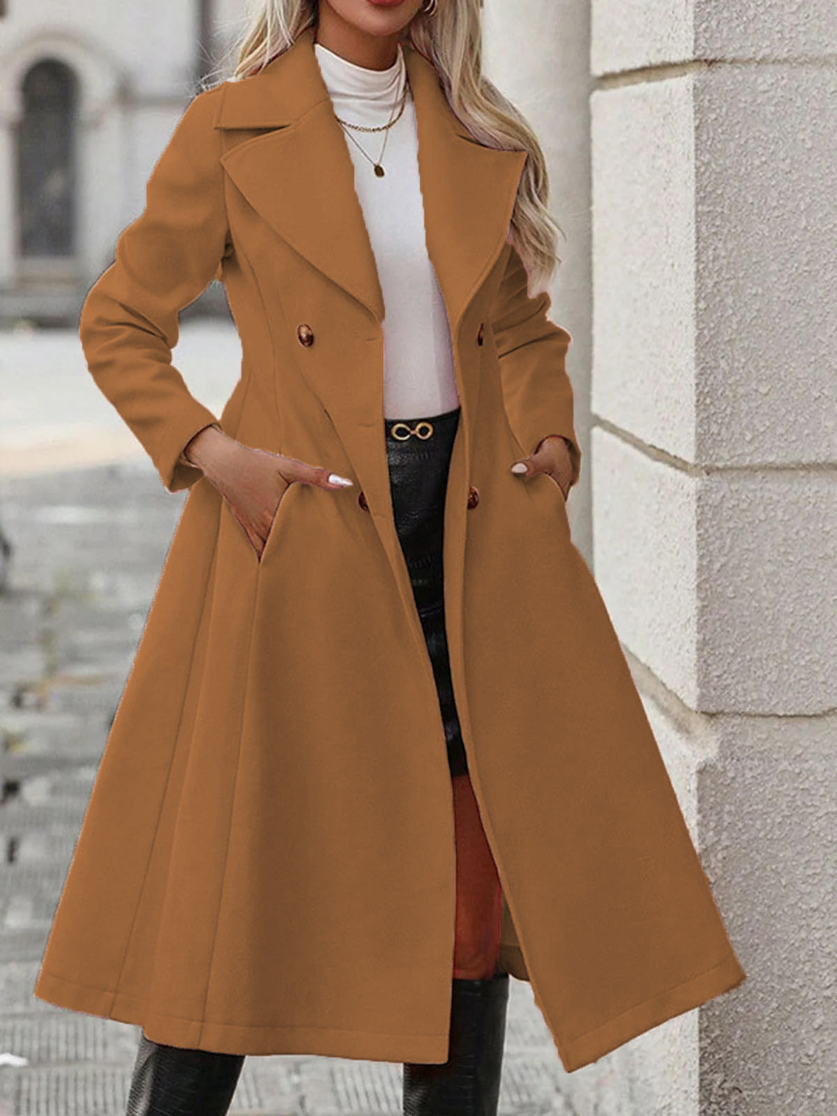 Women's Tailored Double-Breasted Maxi Coat with Wide Lapels
