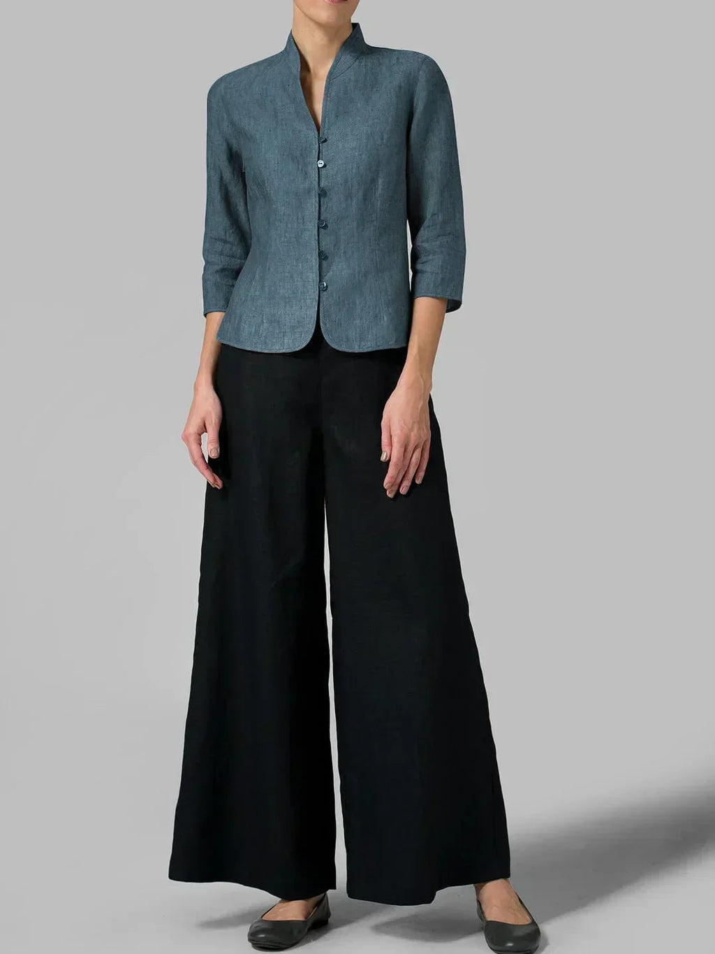 Women's Stand Collar V-Neck Button-Front Blouse